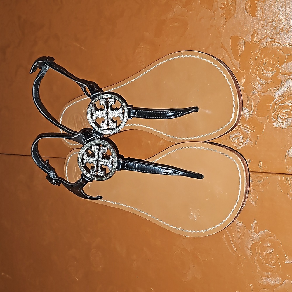 Tory Burch Black Patent Leather Rhinestone Thong Sandals